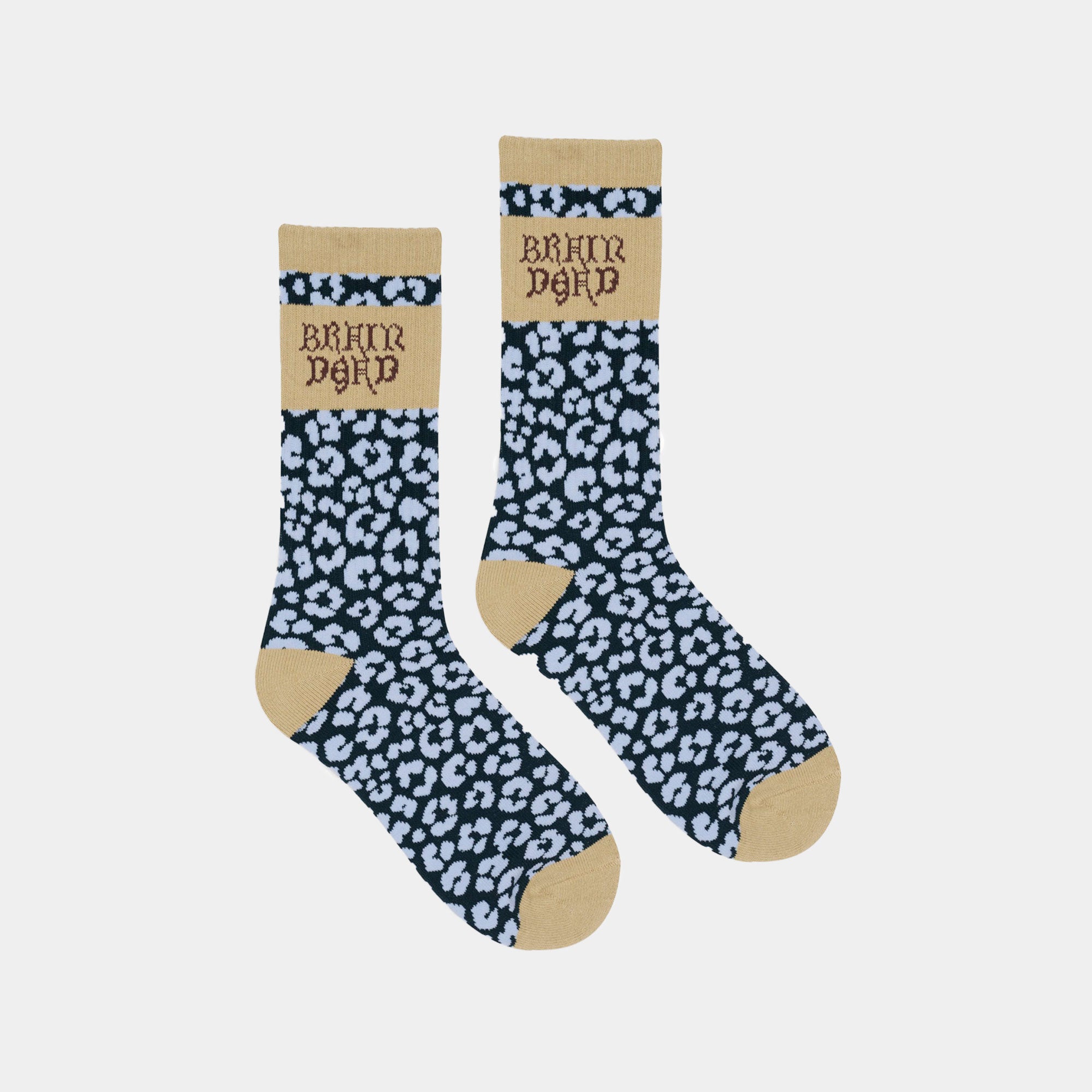 Brain Dead Paneled Logo Crew Socks - Blue Leopard/Khaki
