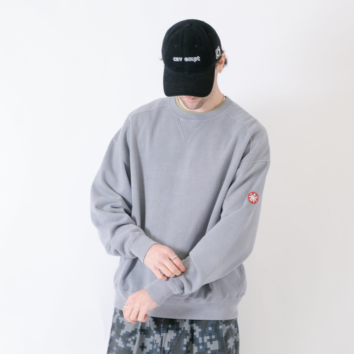 Cav Empt Overdye Panel Shoulder Crew Neck Sweater - Grey
