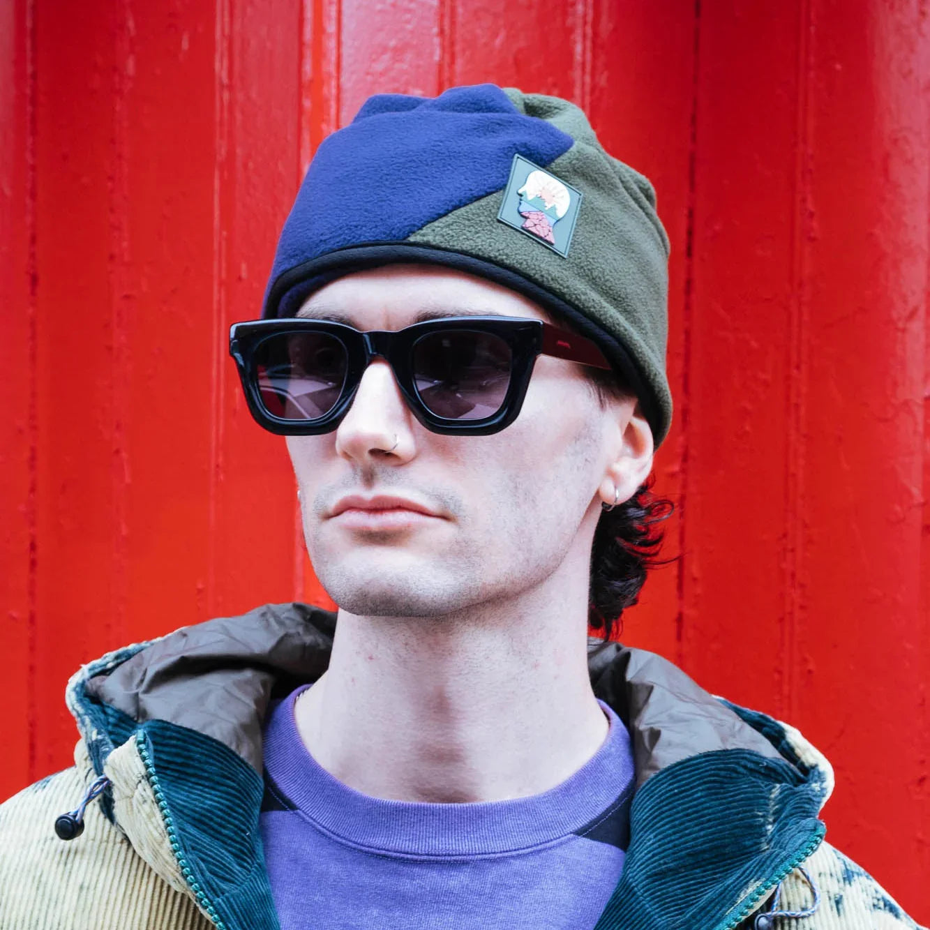 Brain Dead Organic Panel Polar Fleece Beanie - Navy/Olive