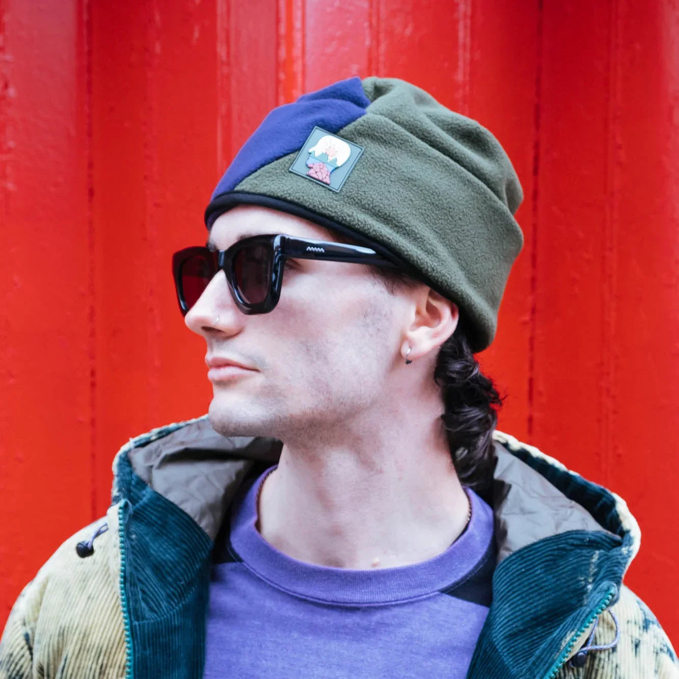 Brain Dead Organic Panel Polar Fleece Beanie - Navy/Olive