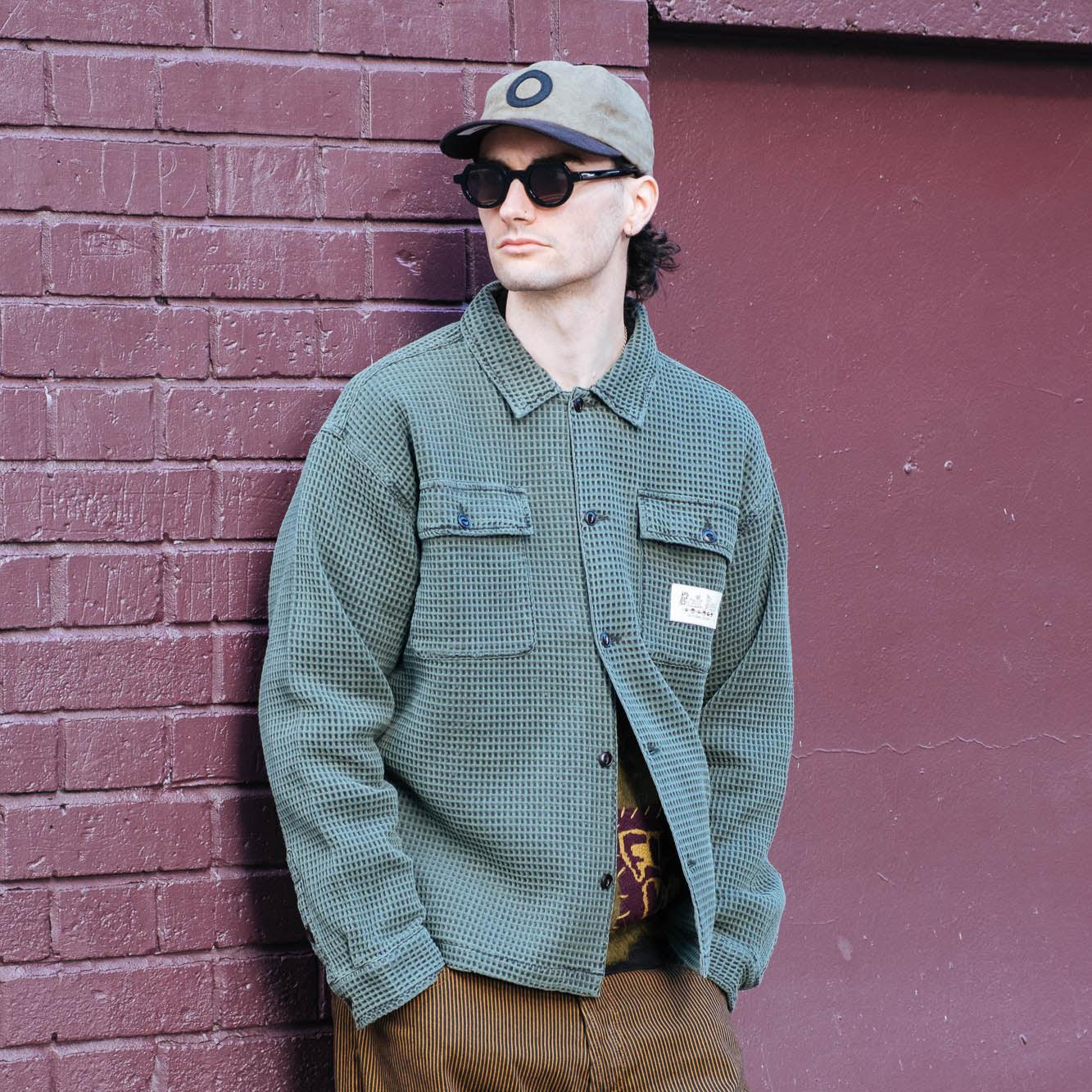 Brain Dead Waffle Button Front Shirt - Dark Green