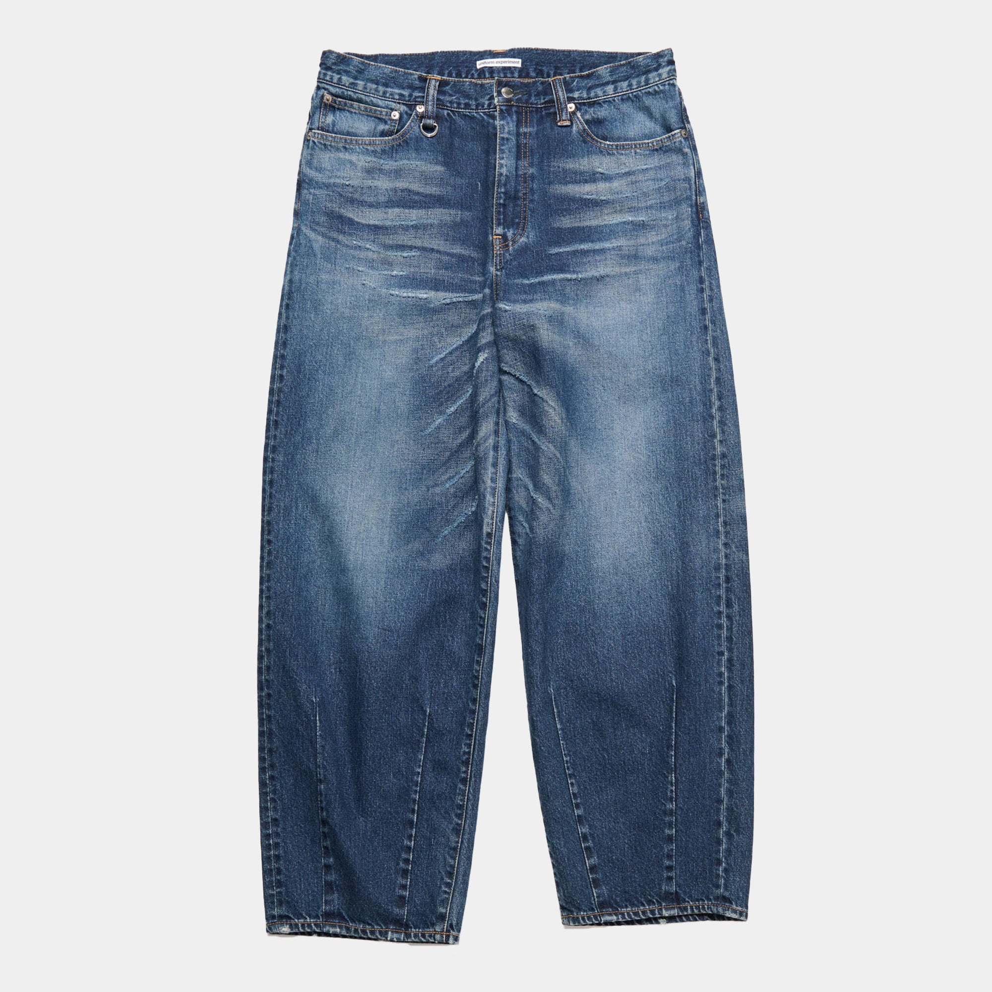 Uniform Experiment Damaged Hem Tuck Wide Straight Jeans - Indigo