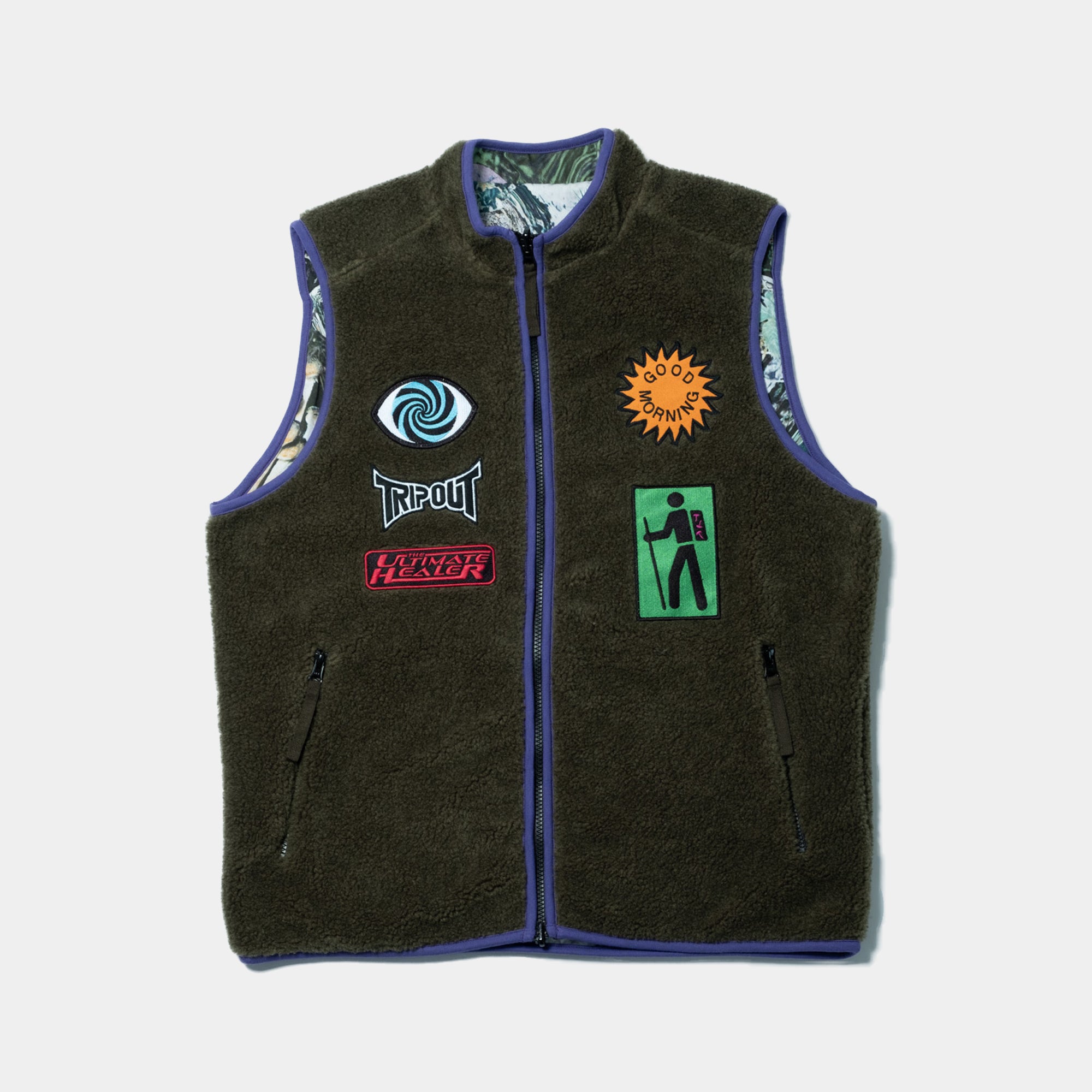 Good Morning Tapes Reversible Polar Fleece Zip Thru Vest - Moss/Shrooms