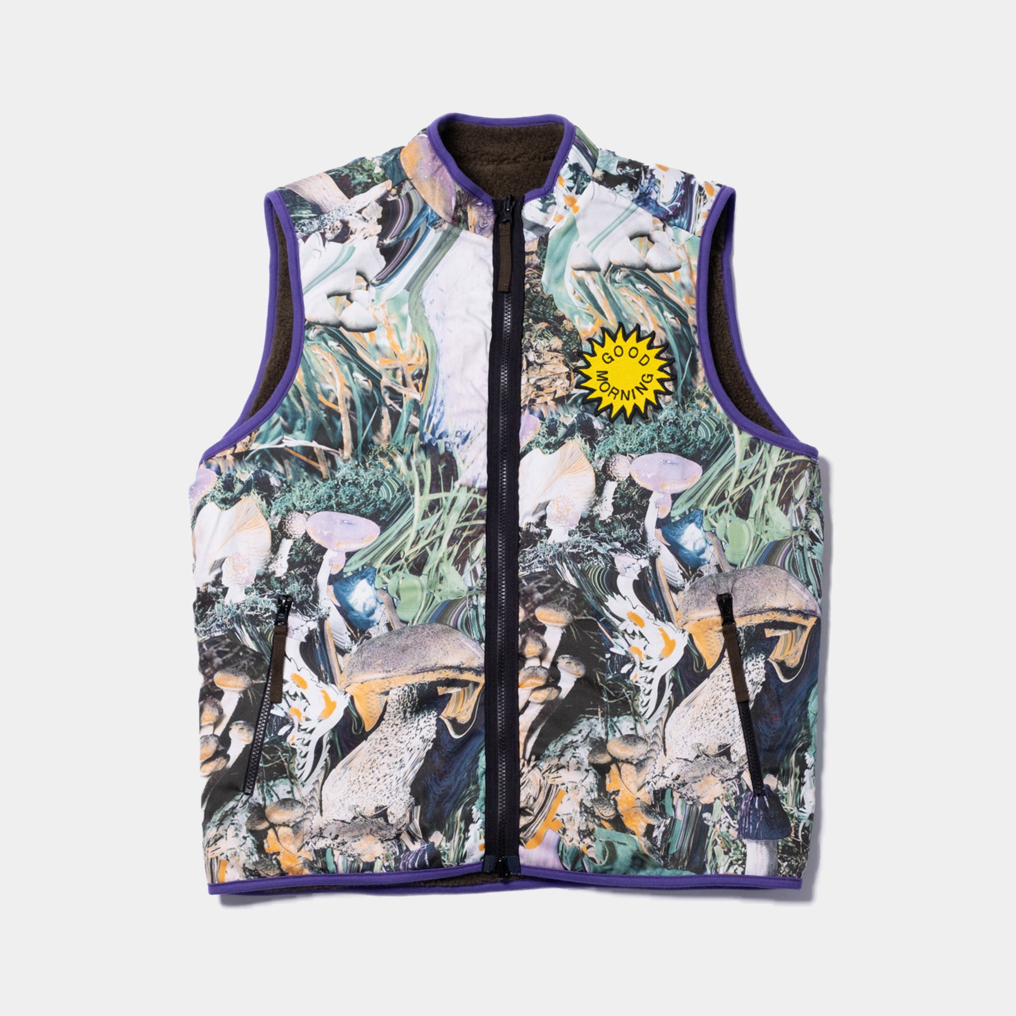 Good Morning Tapes Reversible Polar Fleece Zip Thru Vest - Moss/Shrooms