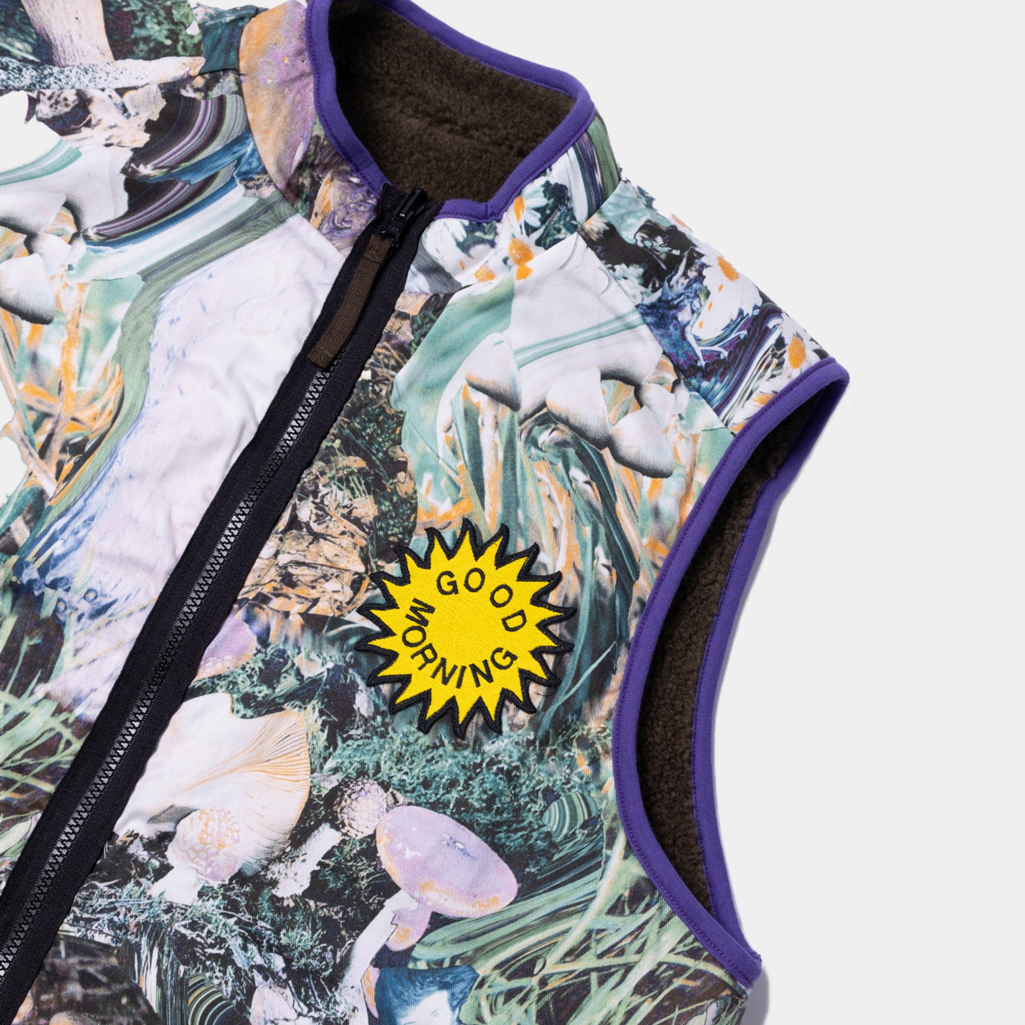 Good Morning Tapes Reversible Polar Fleece Zip Thru Vest - Moss/Shrooms