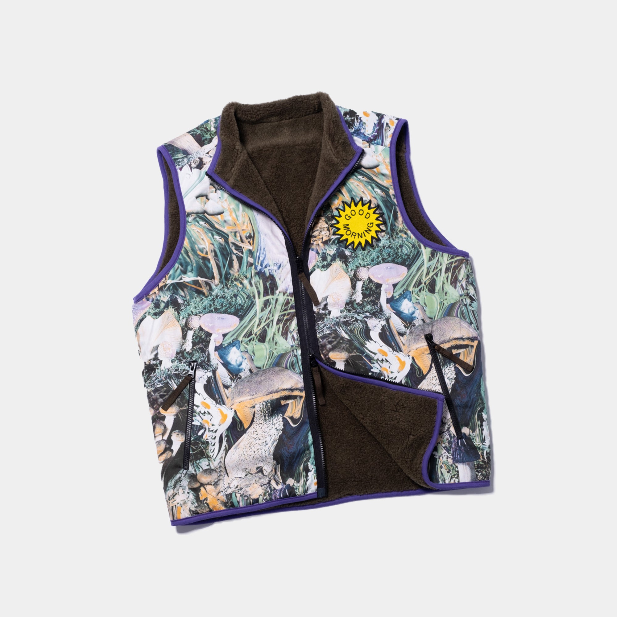 Good Morning Tapes Reversible Polar Fleece Zip Thru Vest - Moss/Shrooms