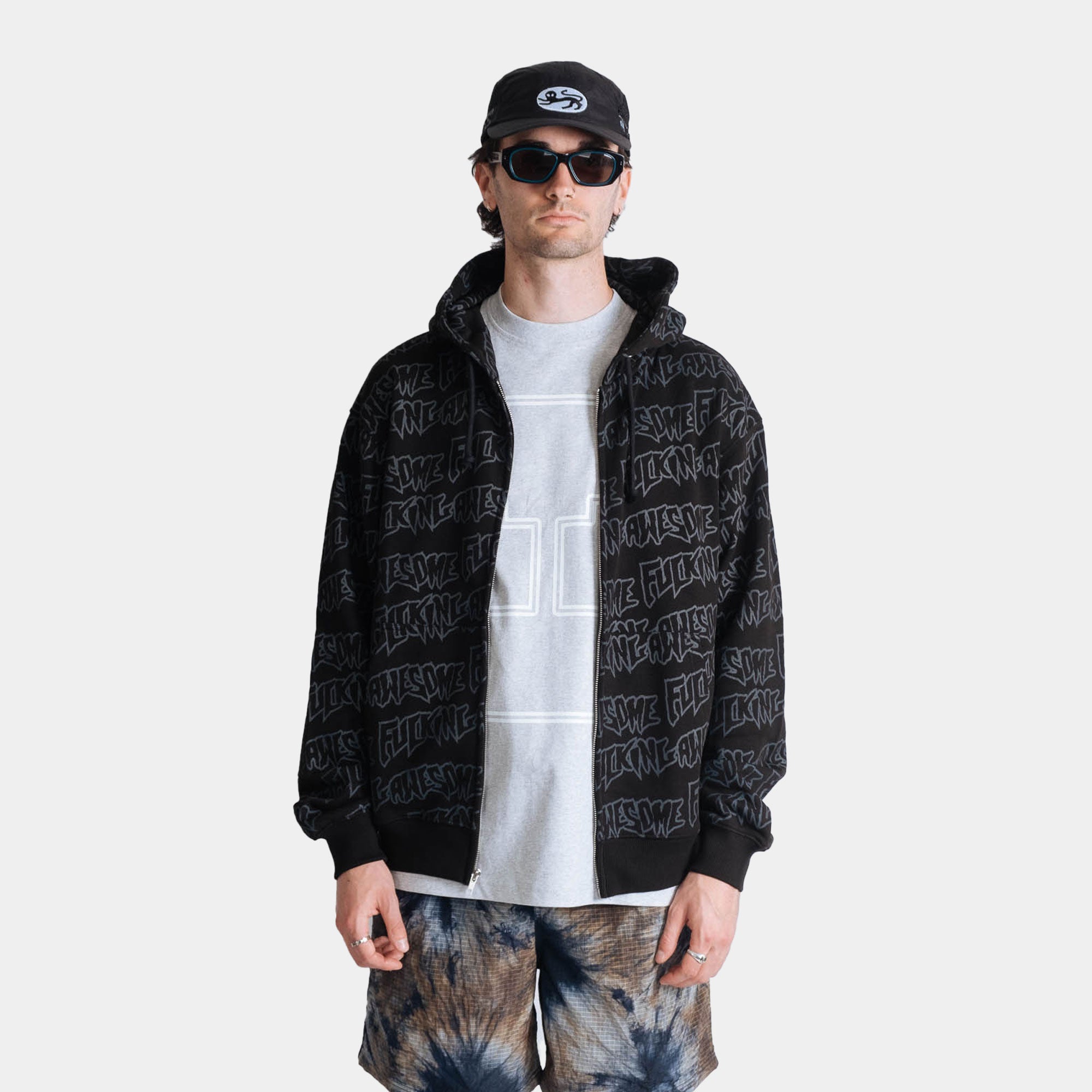 Fucking Awesome AOP Stamp Zipped Hoodie - Black