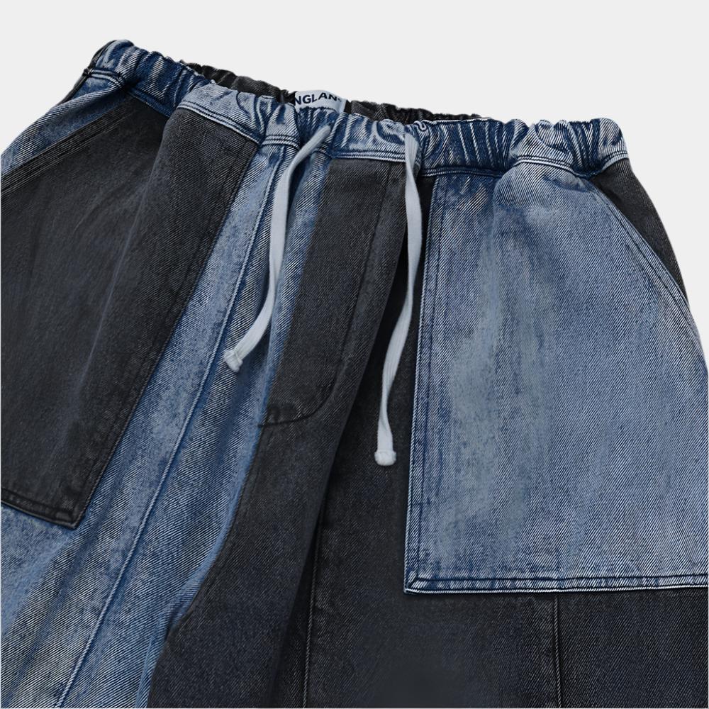 Anglan Denim Mix Fatigue Balloon Pants - Blue/Grey