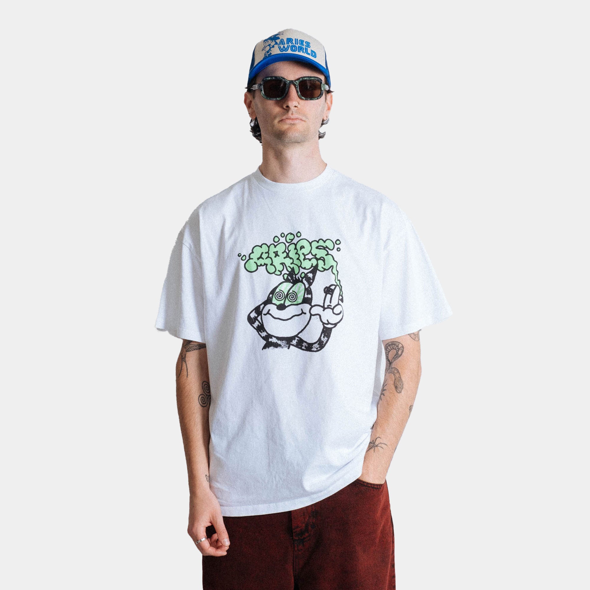 Aries Stoned Cat SS Tee - White