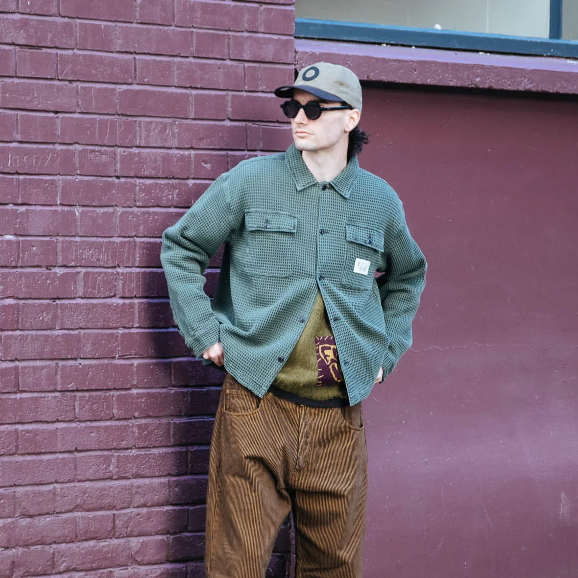 Brain Dead Waffle Button Front Shirt - Dark Green