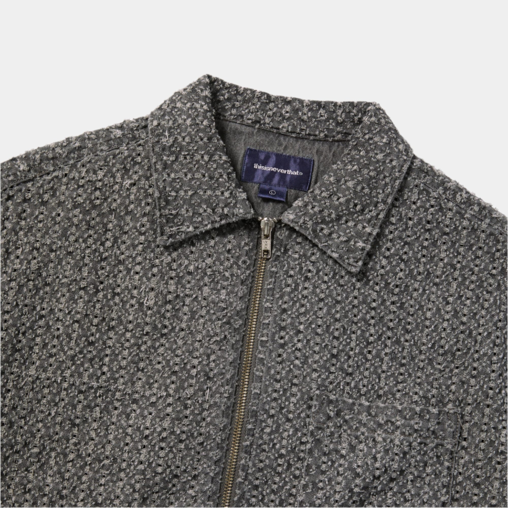 Damaged Denim Zip SS Shirt - Black | UP THERE