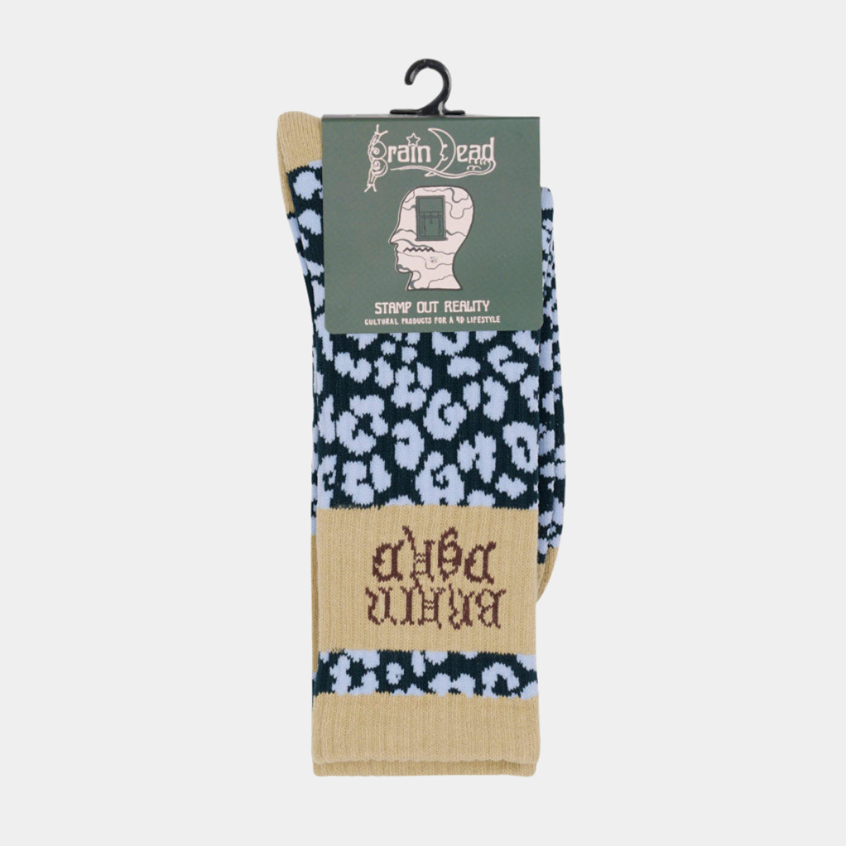 Brain Dead Paneled Logo Crew Socks - Blue Leopard/Khaki