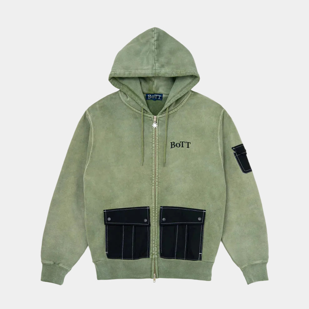 BoTT Washed Cargo Pocket Zip Hoodie - Olive