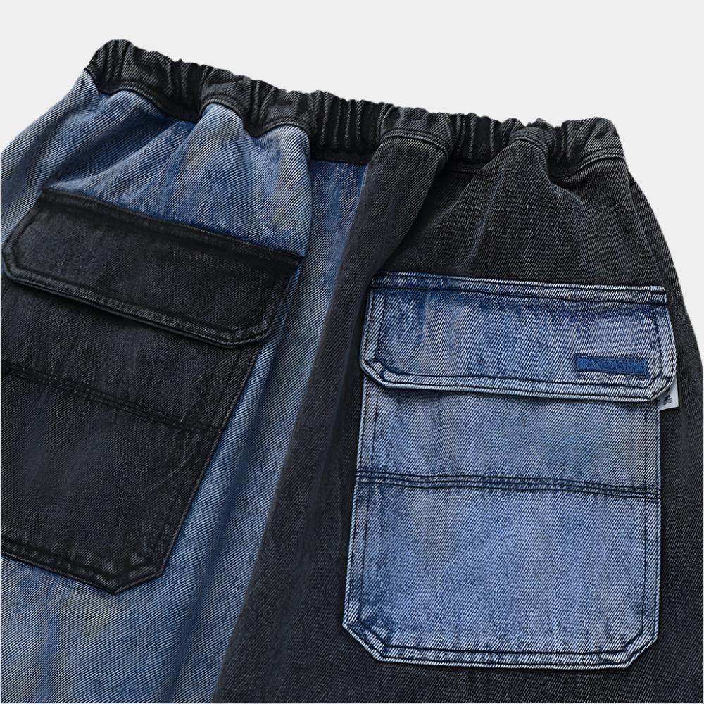 Anglan Denim Mix Fatigue Balloon Pants - Blue/Grey