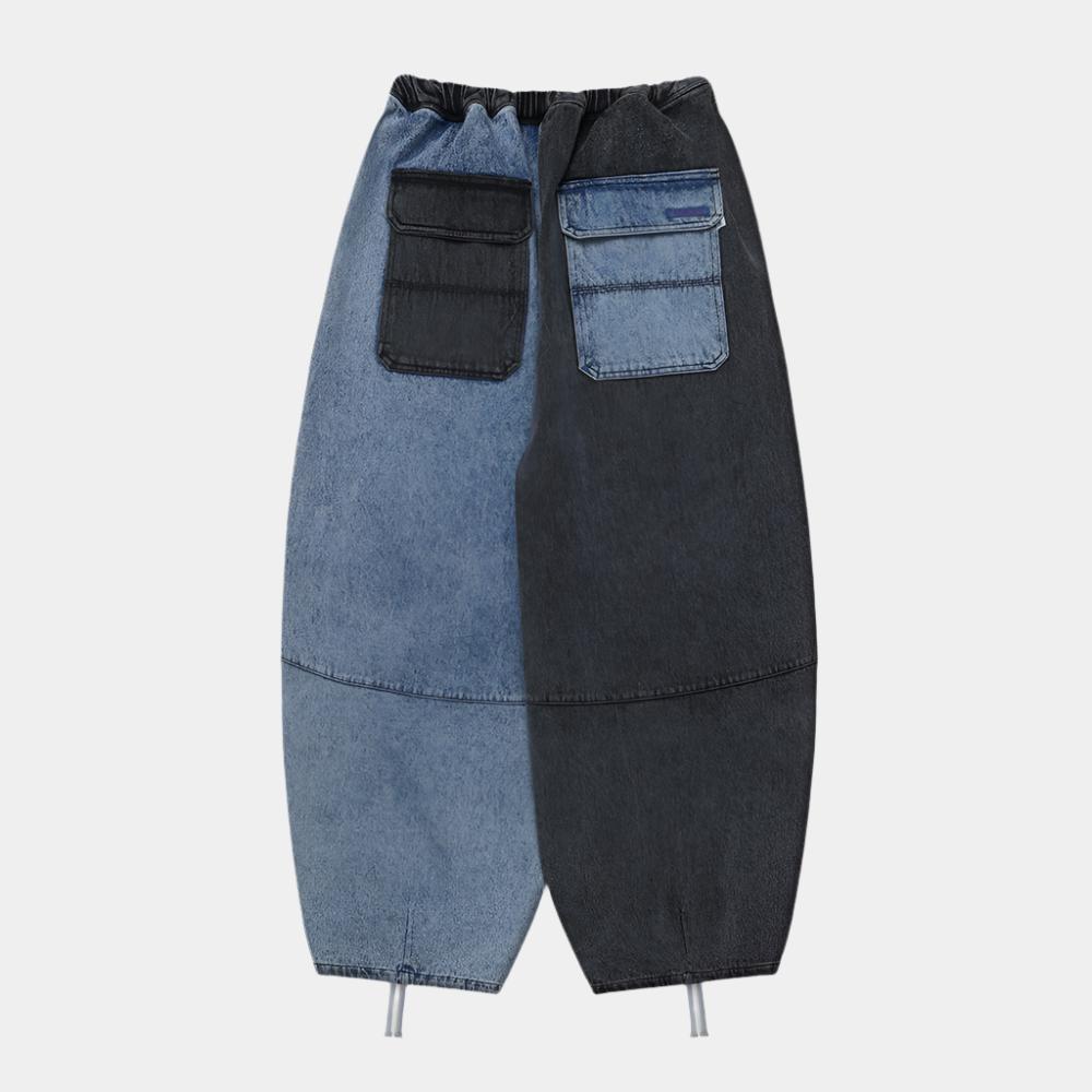 Anglan Denim Mix Fatigue Balloon Pants - Blue/Grey