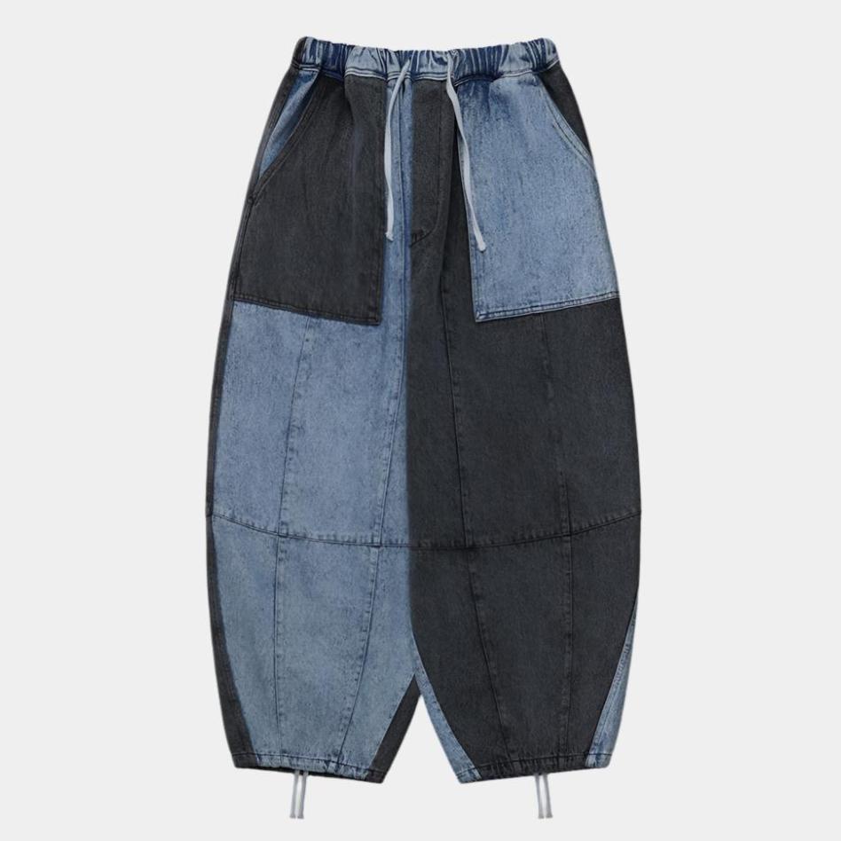 Anglan Denim Mix Fatigue Balloon Pants - Blue/Grey