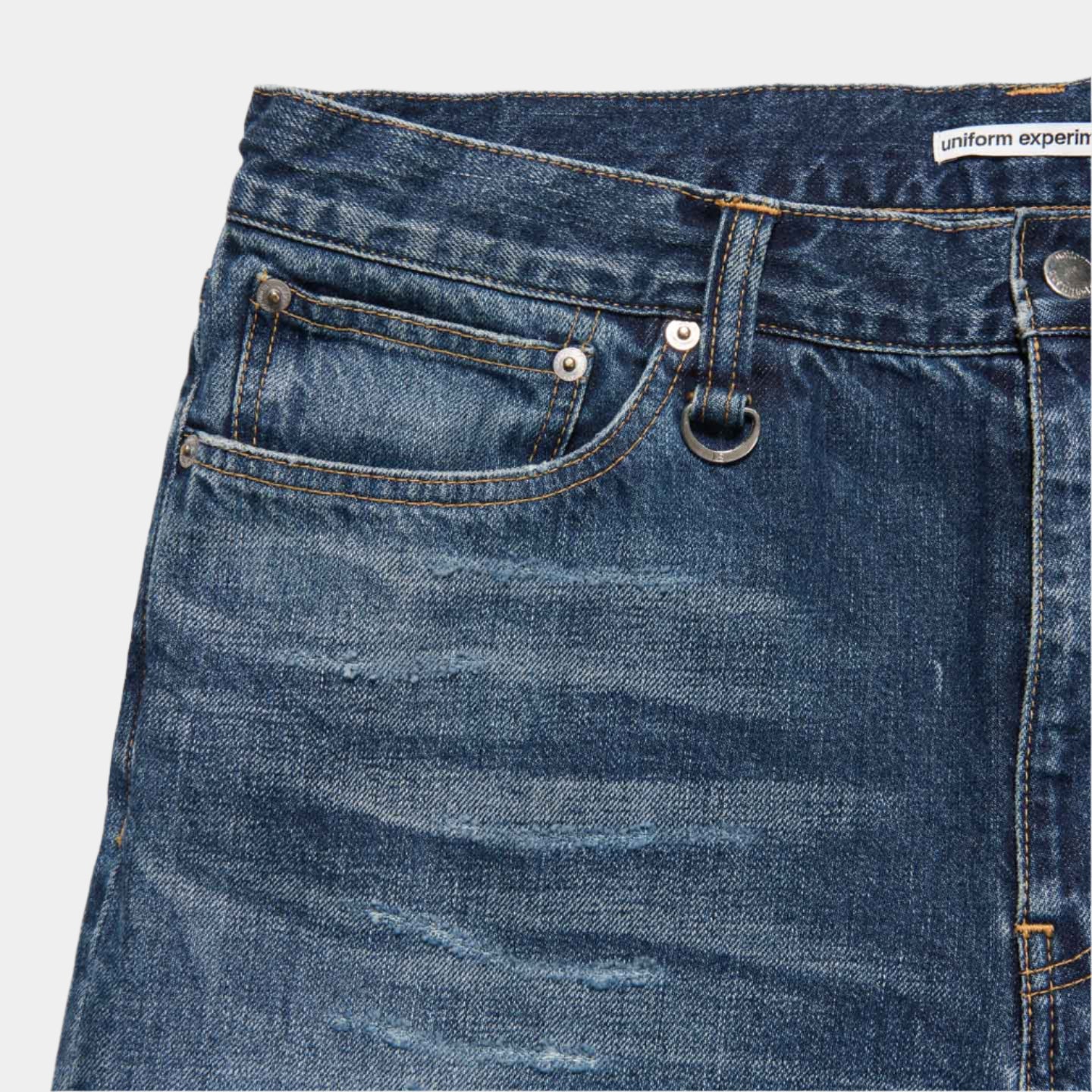 Uniform Experiment Damaged Hem Tuck Wide Straight Jeans - Indigo